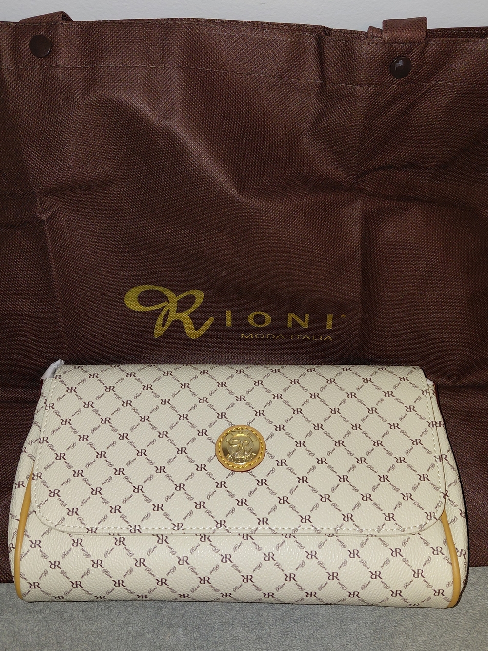 Rioni Cream Monogram Clutch with Gold Emblem